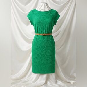 NWT Sharagano Vibrant Shamrock Green Textured Midi Dress with Tan Belt - Size 14